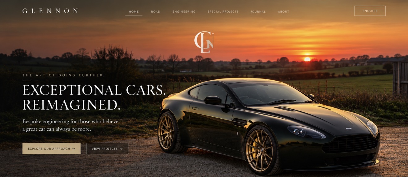 GLENNON. The art of going further. Exceptional cars. Reimagined. Bespoke engineering for those who believe a great car can always be more. A dark Vantage with gold wheels at sunset.